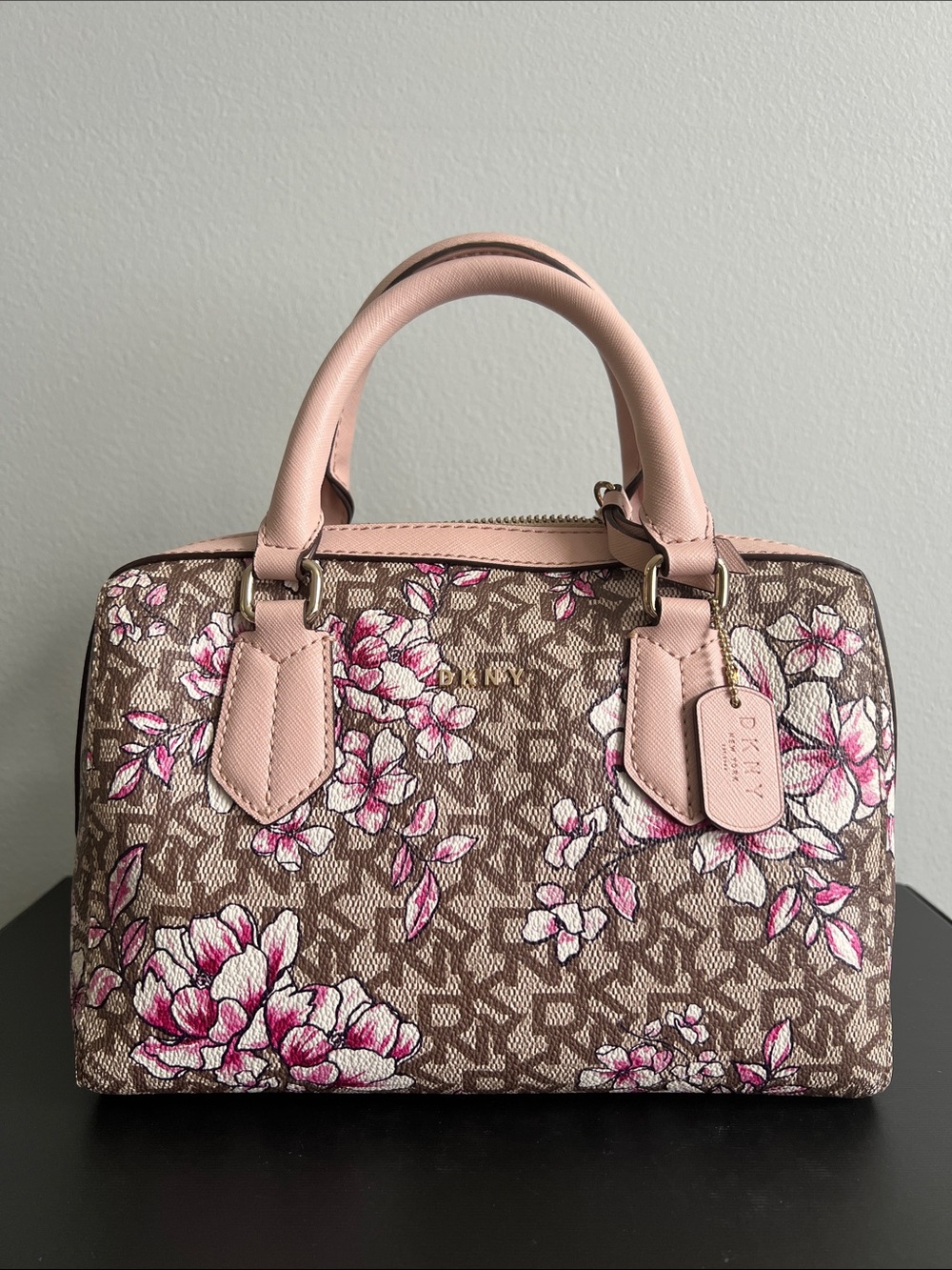 DKNY Brown Logo Satchel with Pink Floral Print